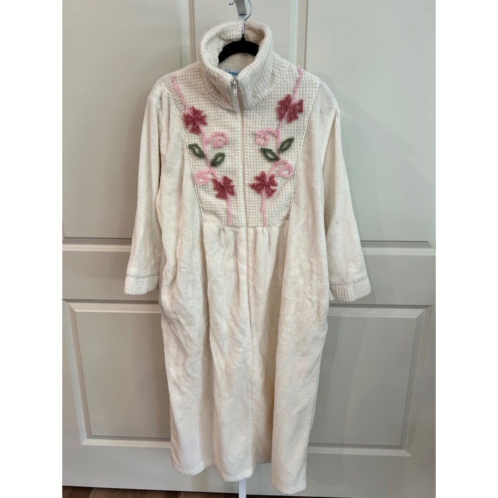 Vintage National Chenille Floral  Embroidered Zip Front Robe Lounger PL